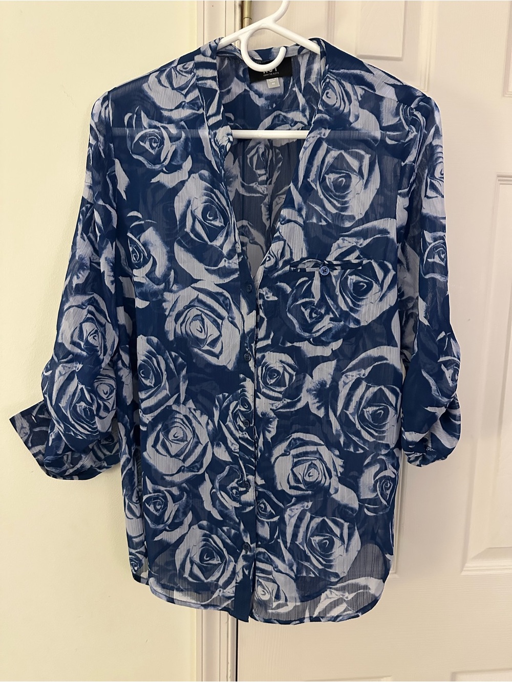 Kut from the Kloth Navy and White Rose Print Sheer Blouse